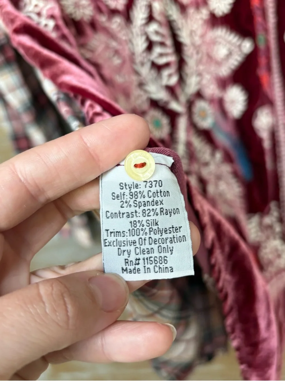 Johnny Was Velvet Floral Embroidered Plaid Button Down Western Boho Womens M - Picture 5 of 7